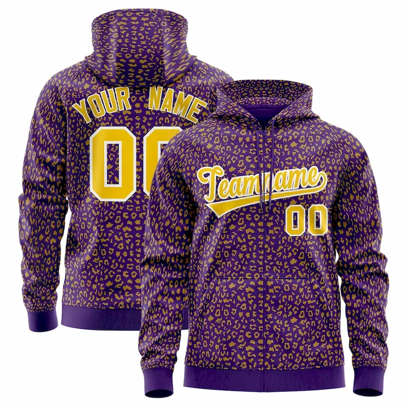 Custom Purple Gold Varsity Full-Zip Letterman Leopard Print Jacket Hoodie