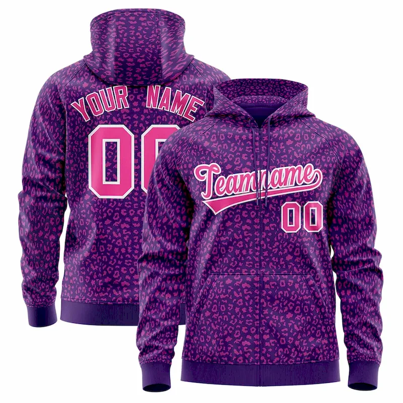 Custom Purple Pink Varsity Full-Zip Letterman Leopard Print Jacket Hoodie