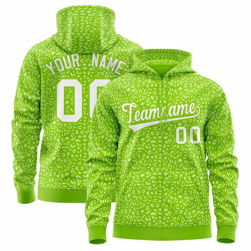 Custom Neon Green White Varsity Full-Zip Letterman Leopard Print Jacket Hoodie