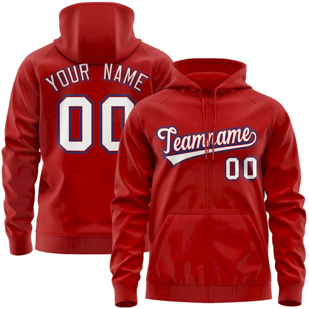 Custom Stitched White Royal-Red Sports Full-Zip Sweatshirt Hoodie