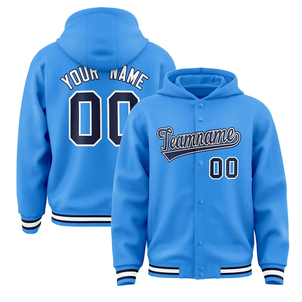 Custom Powder Blue Navy-White Varsity Full-Snap Letterman Classic Jacket Hoodie