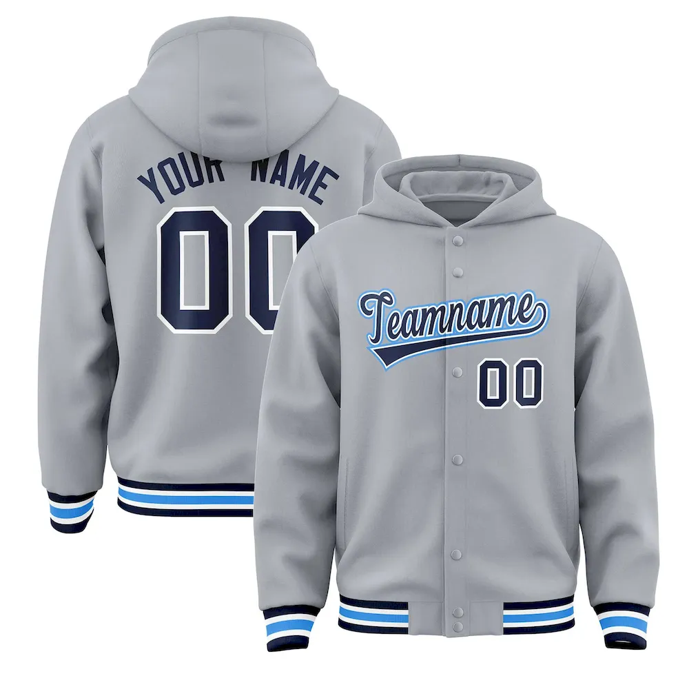 Custom Gray Navy-White Varsity Full-Snap Letterman Classic Jacket Hoodie