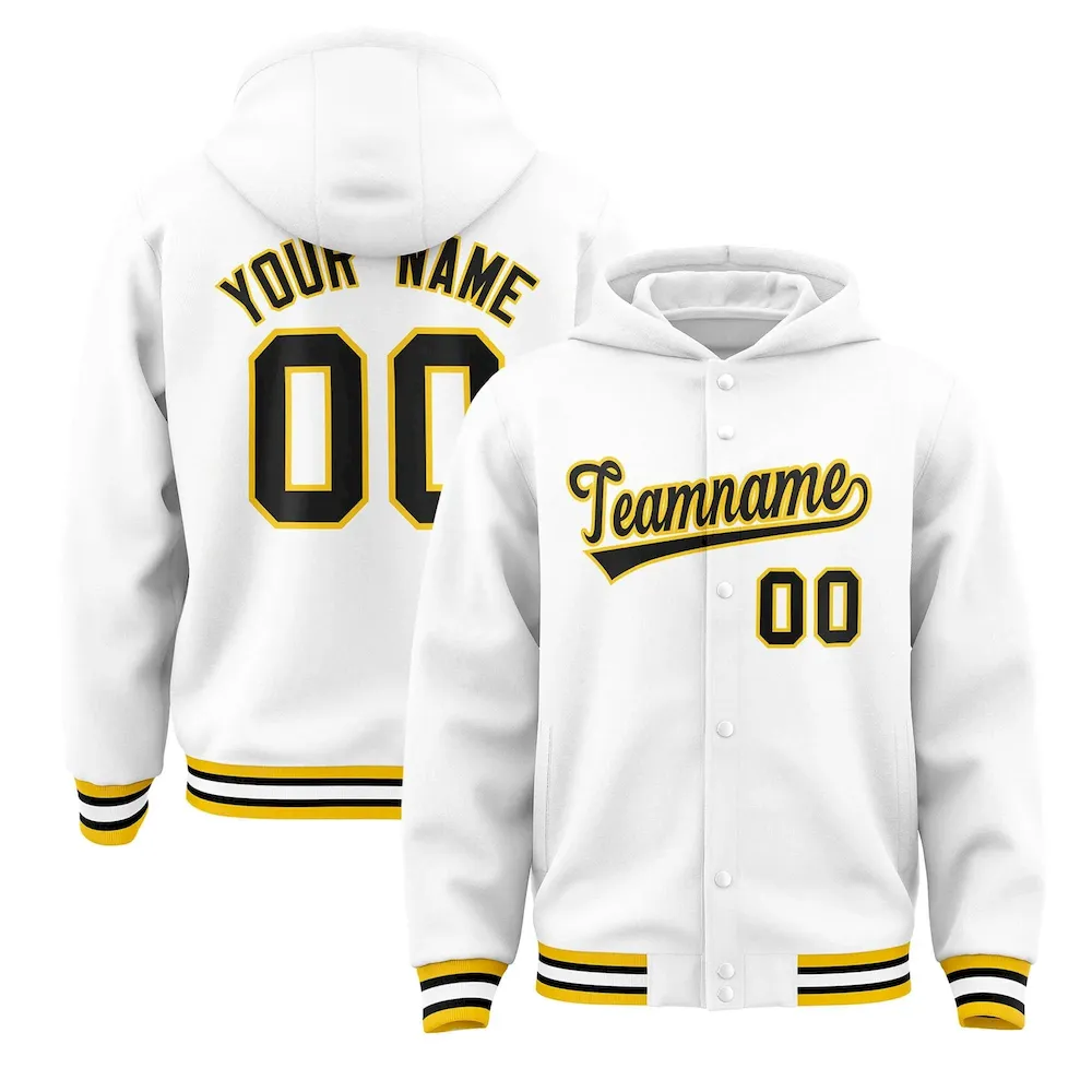 Custom White Black-Gold Varsity Full-Snap Letterman Classic Jacket Hoodie