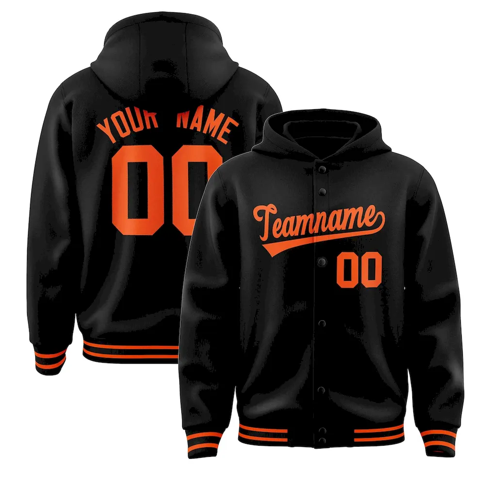 Custom Black Orange Varsity Full-Snap Letterman Classic Jacket Hoodie