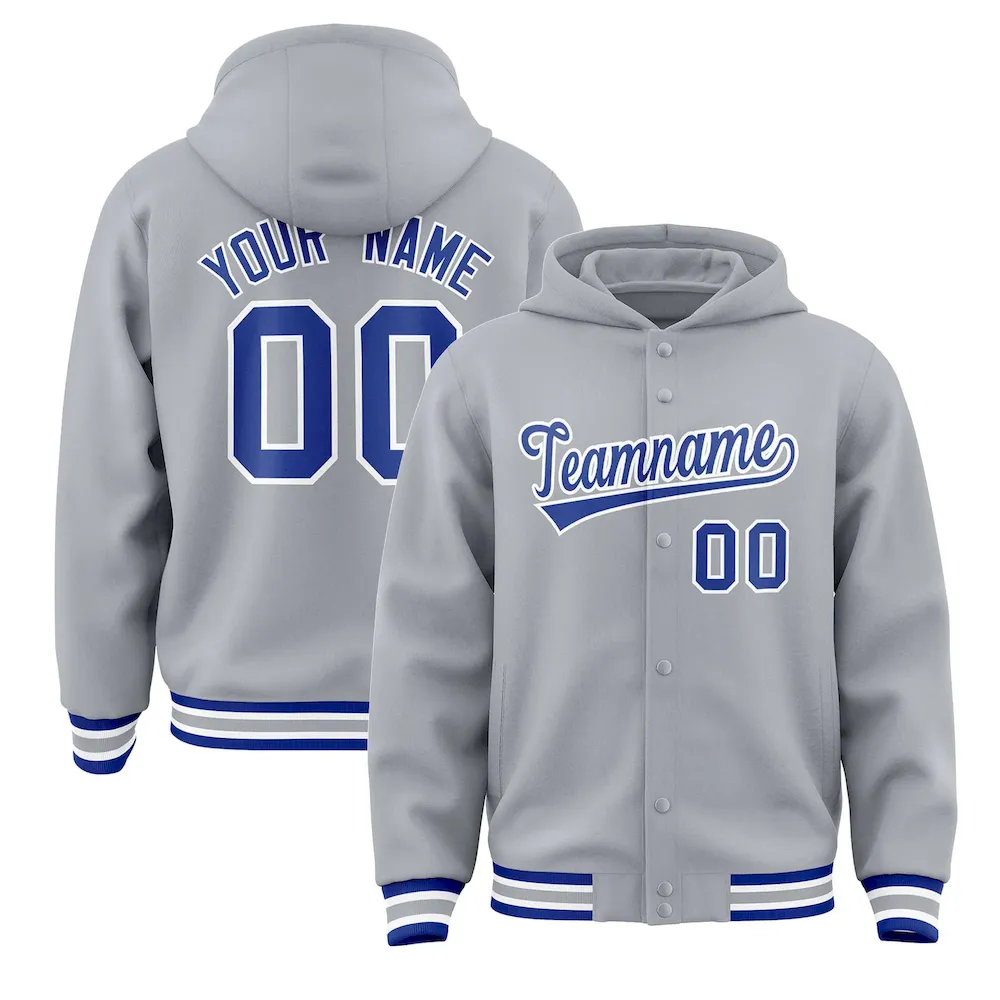 Custom Gray Royal-White Varsity Full-Snap Letterman Classic Jacket Hoodie