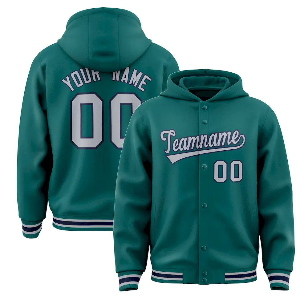 Custom Aqua Gray-Navy Varsity Full-Snap Letterman Classic Jacket Hoodie