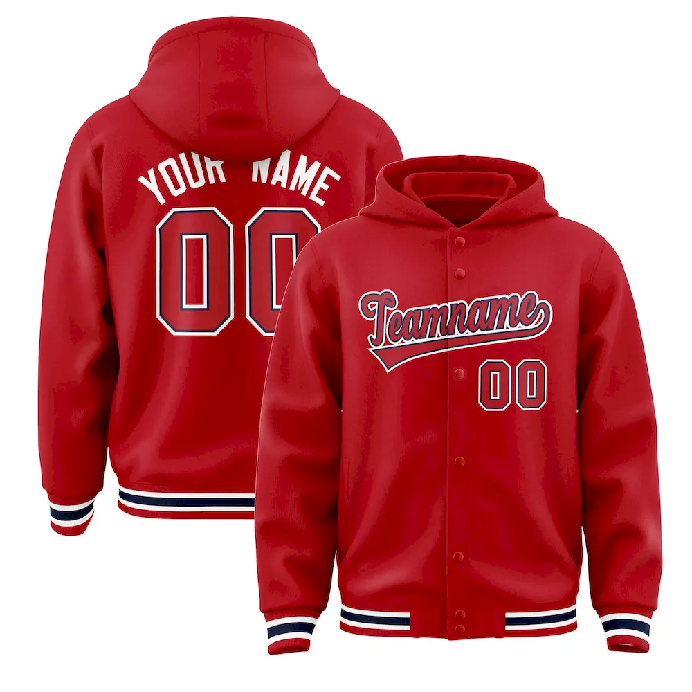 Custom Red Red-Navy Varsity Full-Snap Letterman Classic Jacket Hoodie