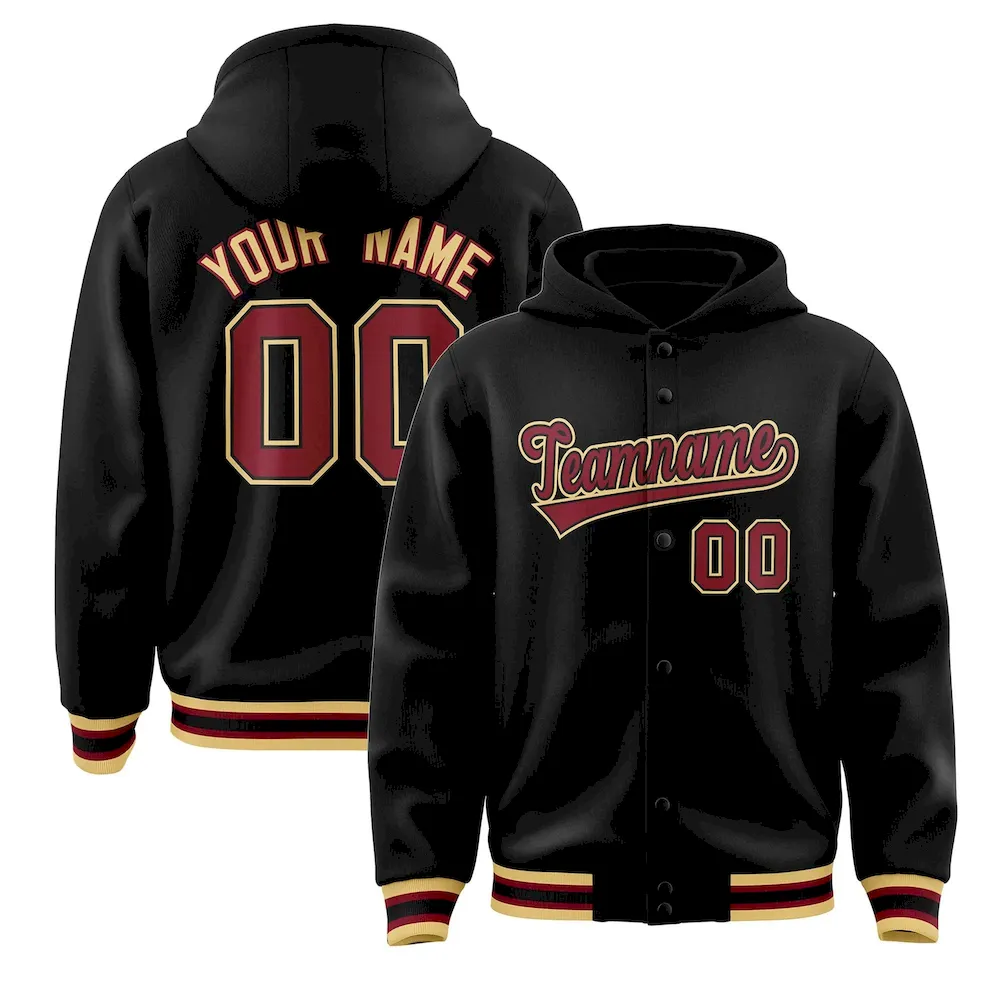 Custom Black Crimson-Black Varsity Full-Snap Letterman Classic Jacket Hoodie