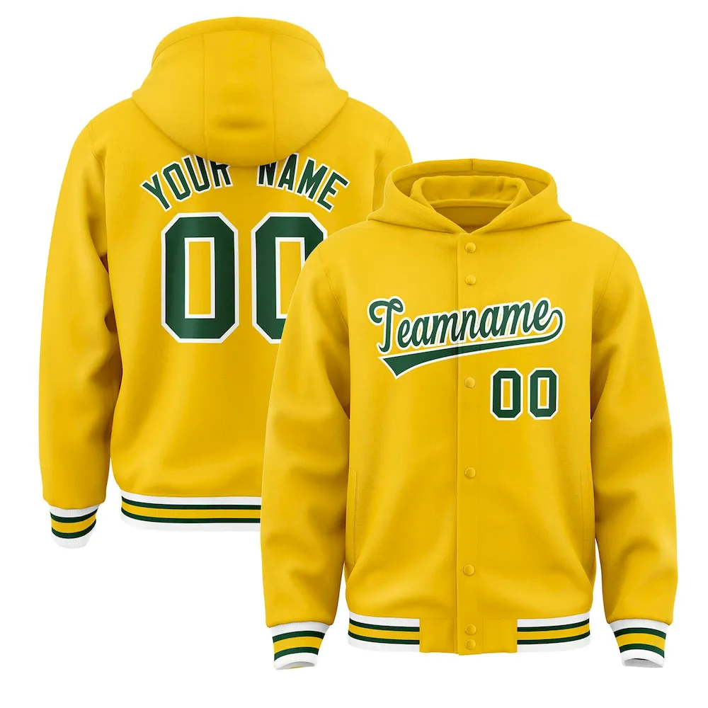 Custom Gold Green-White Varsity Full-Snap Letterman Classic Jacket Hoodie