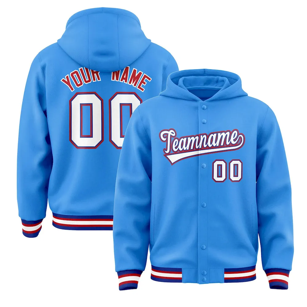 Custom Powder Blue White-Royal Varsity Full-Snap Letterman Classic Jacket Hoodie