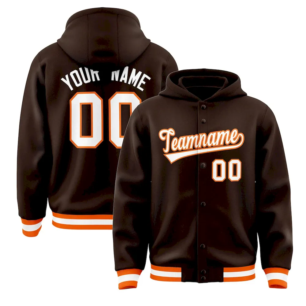 Custom Brown White-Orange Varsity Full-Snap Letterman Classic Jacket Hoodie