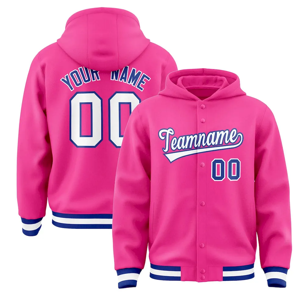Custom Pink White-Royal Varsity Full-Snap Letterman Classic Jacket Hoodie