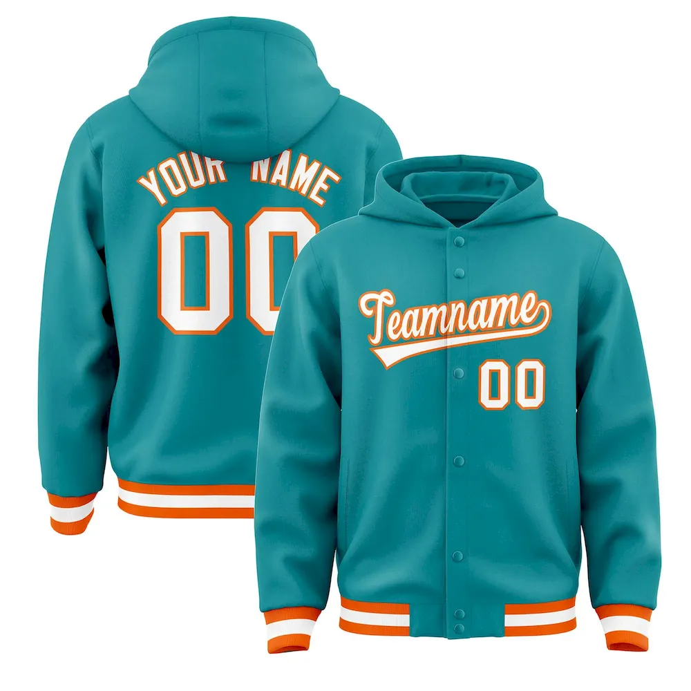 Custom Aqua Orange-White Varsity Full-Snap Letterman Classic Jacket Hoodie