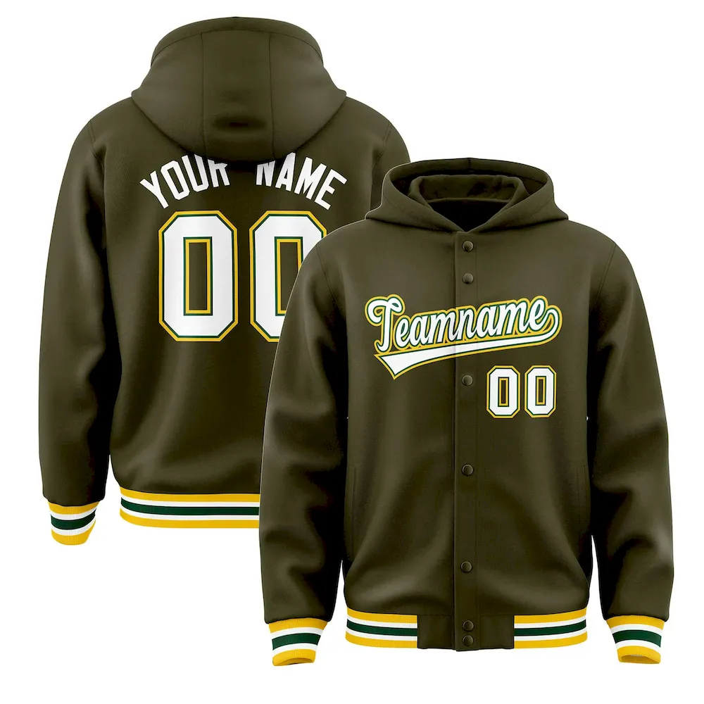 Custom Olive White-Green Varsity Full-Snap Letterman Classic Jacket Hoodie