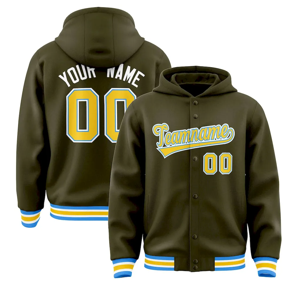 Custom Olive Gold-Powder Blue Varsity Full-Snap Letterman Classic Jacket Hoodie