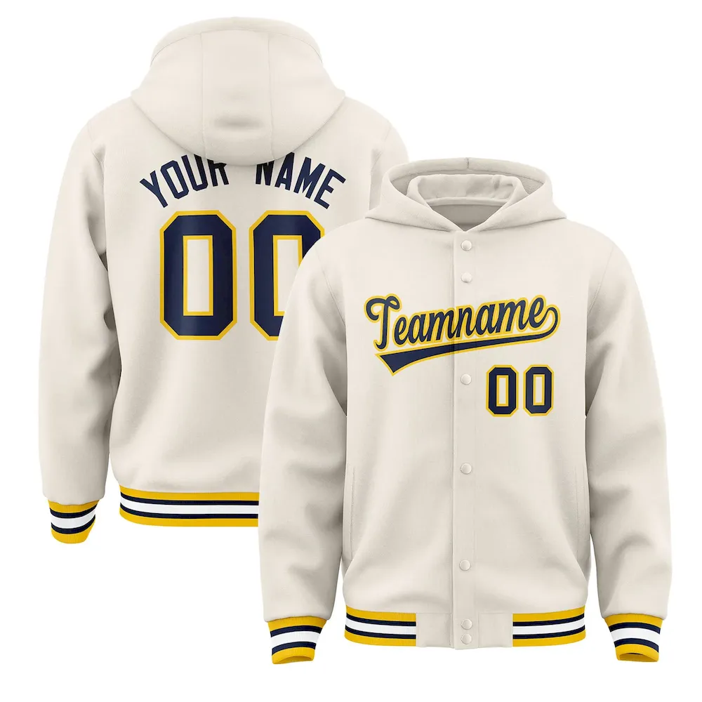 Custom Cream Navy-Gold Varsity Full-Snap Letterman Classic Jacket Hoodie