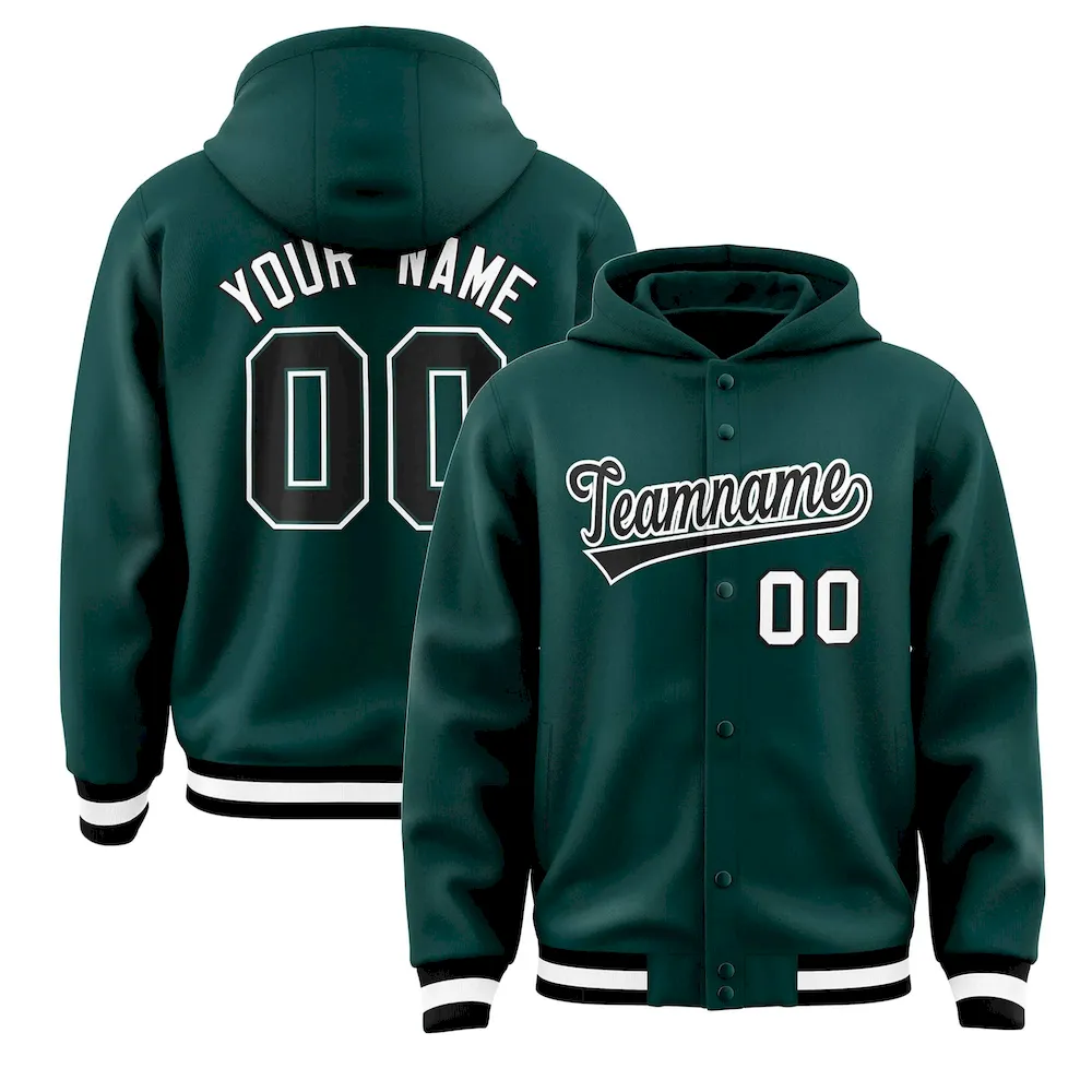 Custom Midnight Green Black-White Varsity Full-Snap Letterman Classic Jacket Hoodie