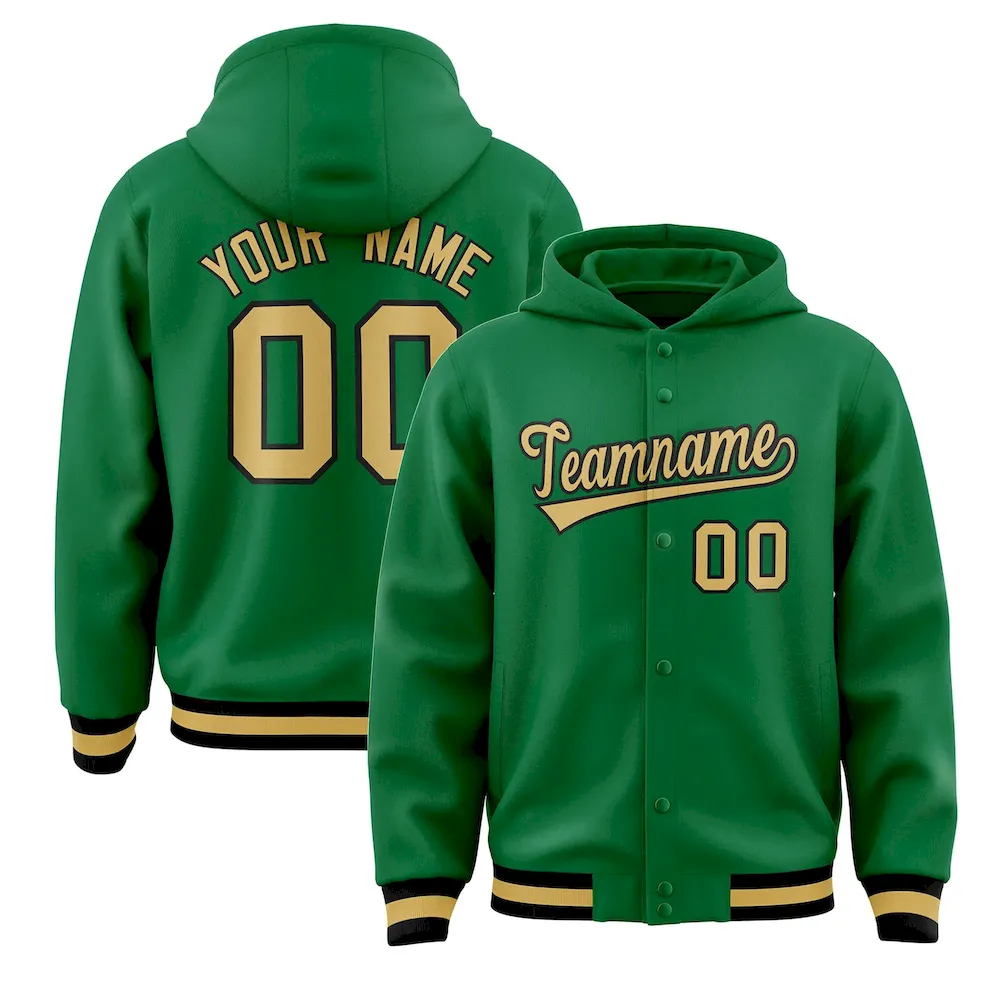 Custom Kelly Green Old Gold-Black Varsity Full-Snap Letterman Classic Jacket Hoodie