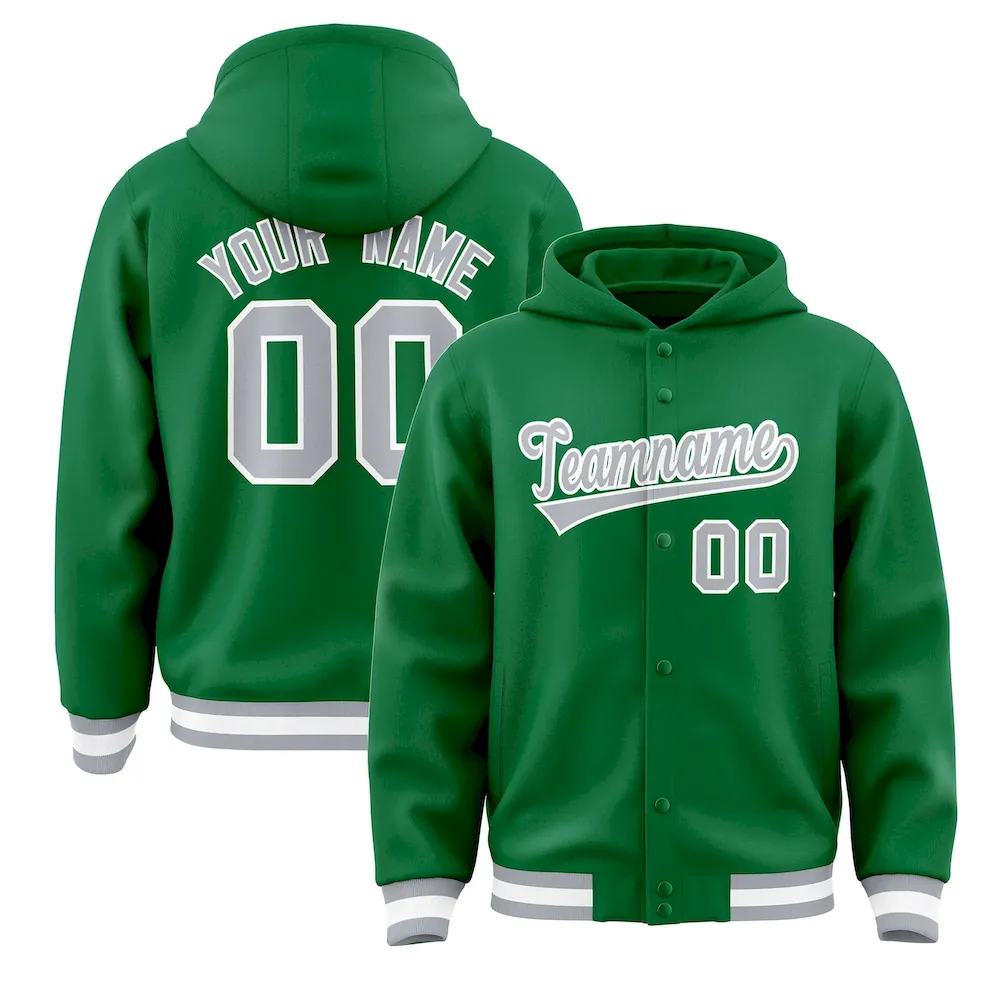 Custom Kelly Green Gray-White Varsity Full-Snap Letterman Classic Jacket Hoodie