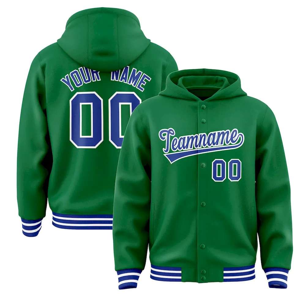 Custom Kelly Green Royal-White Varsity Full-Snap Letterman Classic Jacket Hoodie