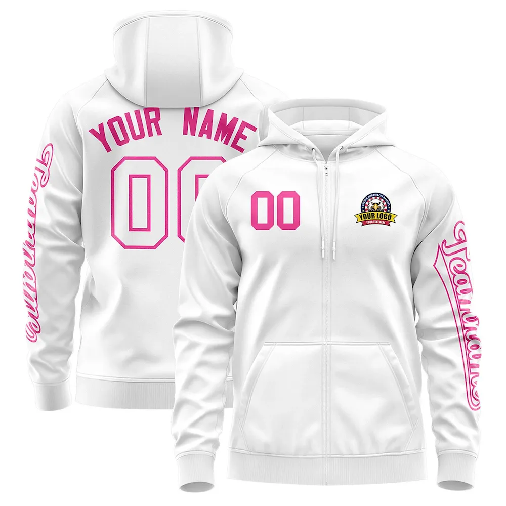 Custom White Pink Varsity Full-Zip Letterman Classic Jacket Hoodie