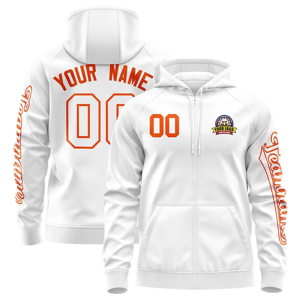 Custom White Orange Varsity Full-Zip Letterman Classic Jacket Hoodie