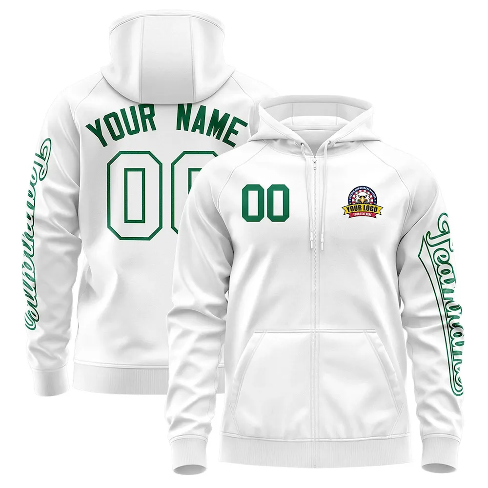 Custom White Kelly Green Varsity Full-Zip Letterman Classic Jacket Hoodie