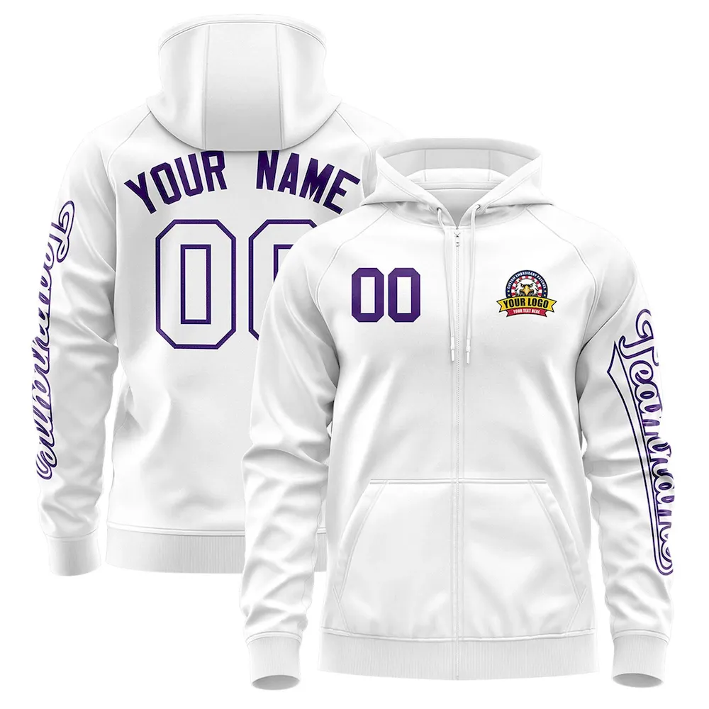 Custom White Purple Varsity Full-Zip Letterman Classic Jacket Hoodie
