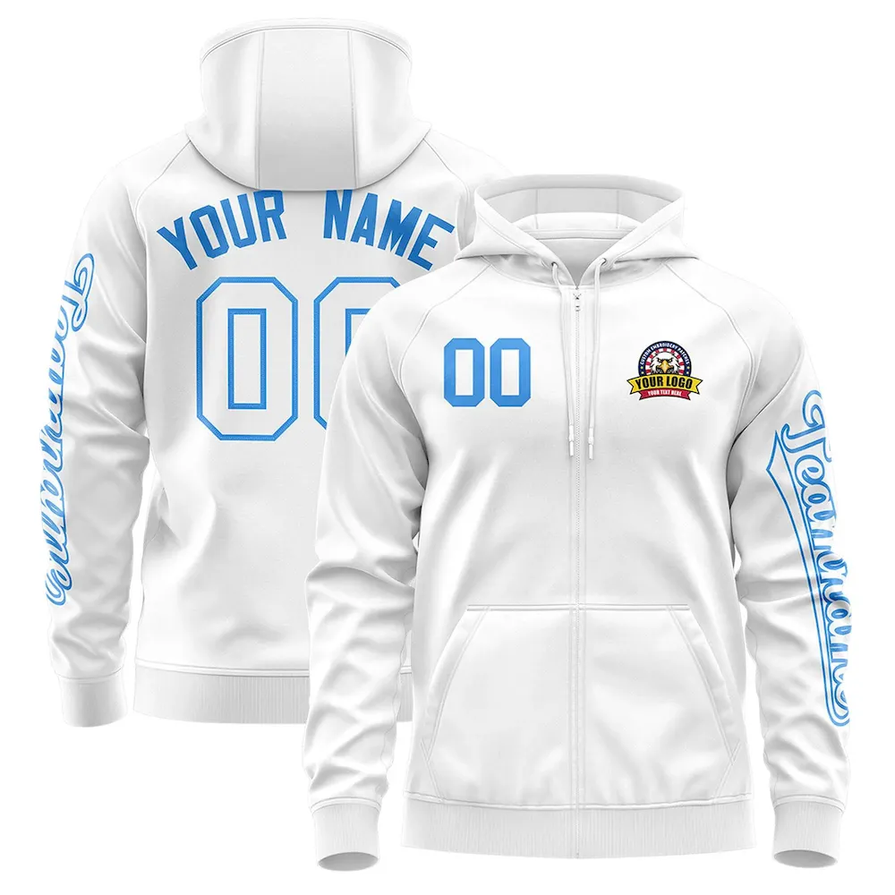 Custom White Powder Blue Varsity Full-Zip Letterman Classic Jacket Hoodie