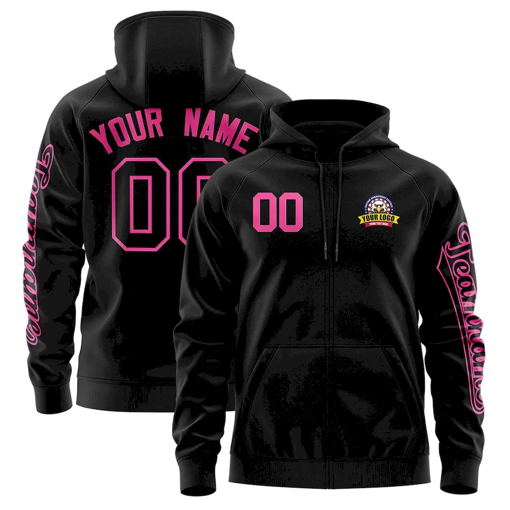 Custom Black Pink Varsity Full-Zip Letterman Classic Jacket Hoodie