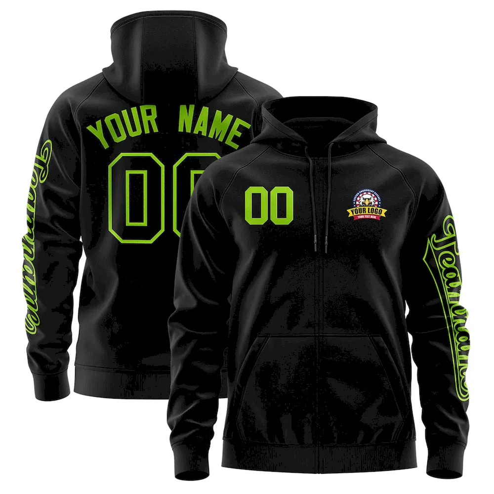 Custom Black Neon Green Varsity Full-Zip Letterman Classic Jacket Hoodie