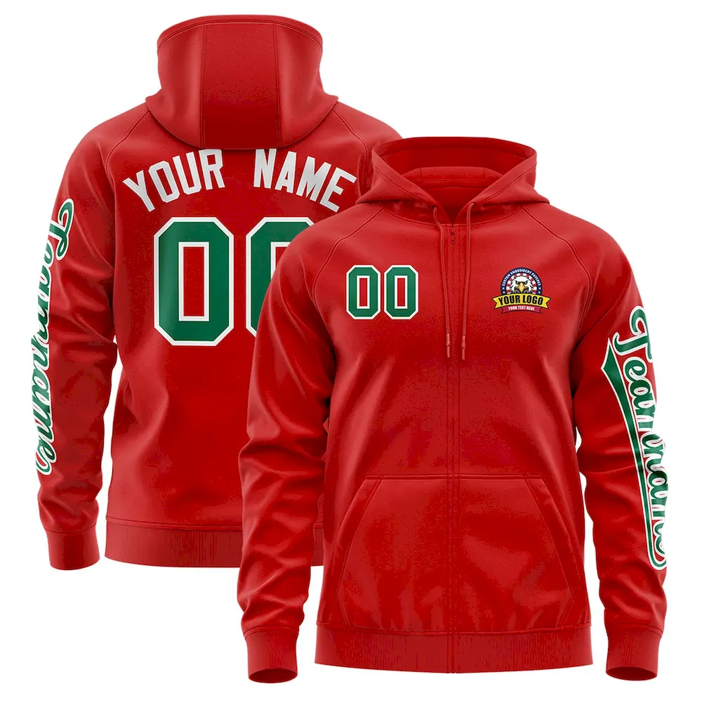 Custom Red Kelly Green Varsity Full-Zip Letterman Classic Jacket Hoodie