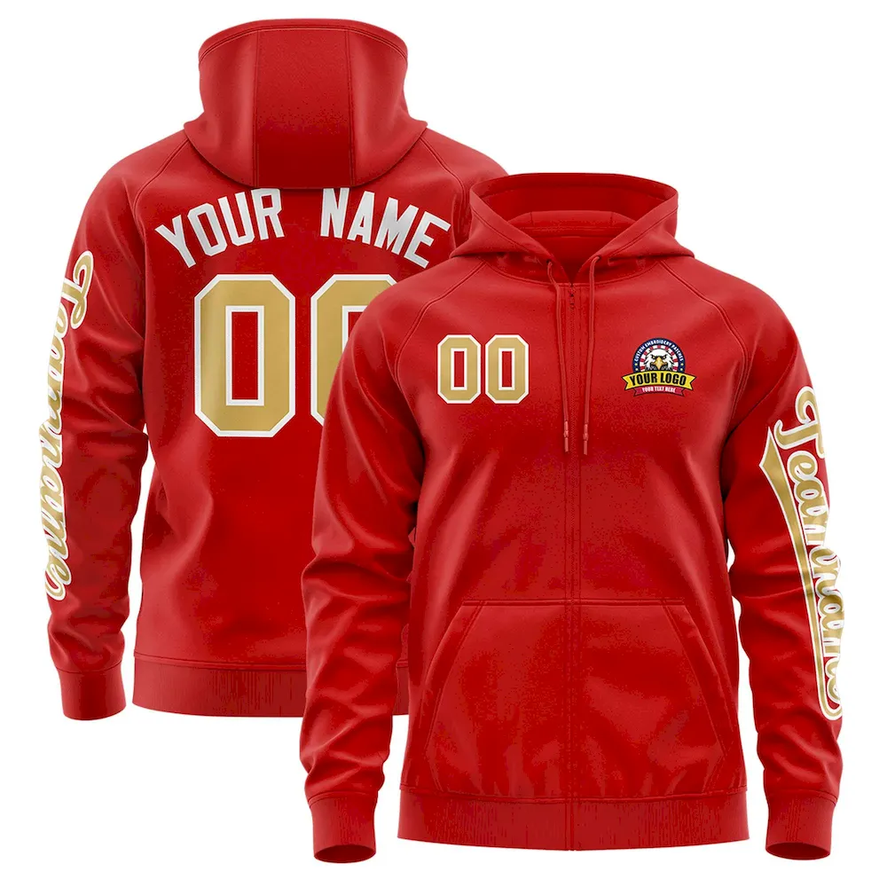 Custom Red Old Gold Varsity Full-Zip Letterman Classic Jacket Hoodie