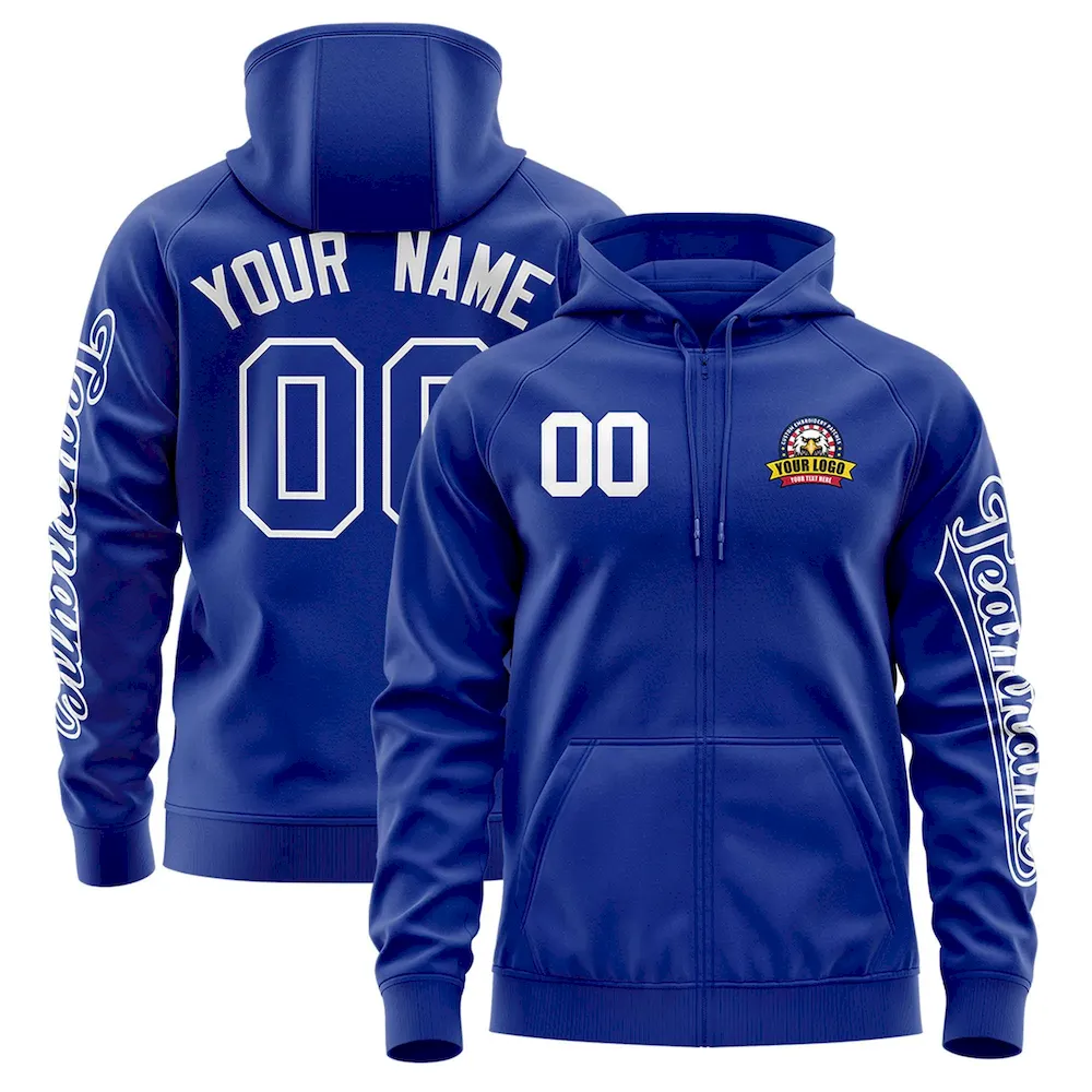 Custom Royal White Varsity Full-Zip Letterman Classic Jacket Hoodie