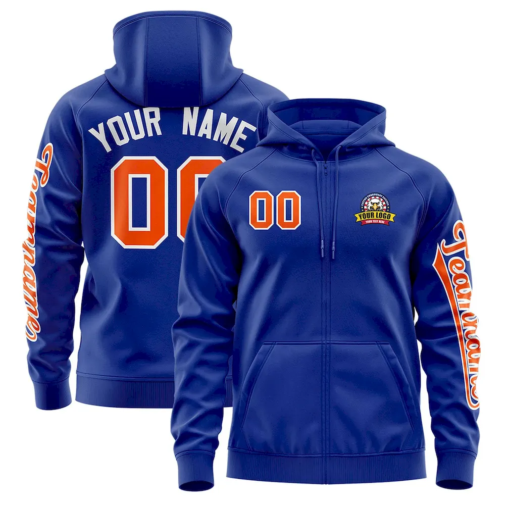Custom Royal Orange Varsity Full-Zip Letterman Classic Jacket Hoodie