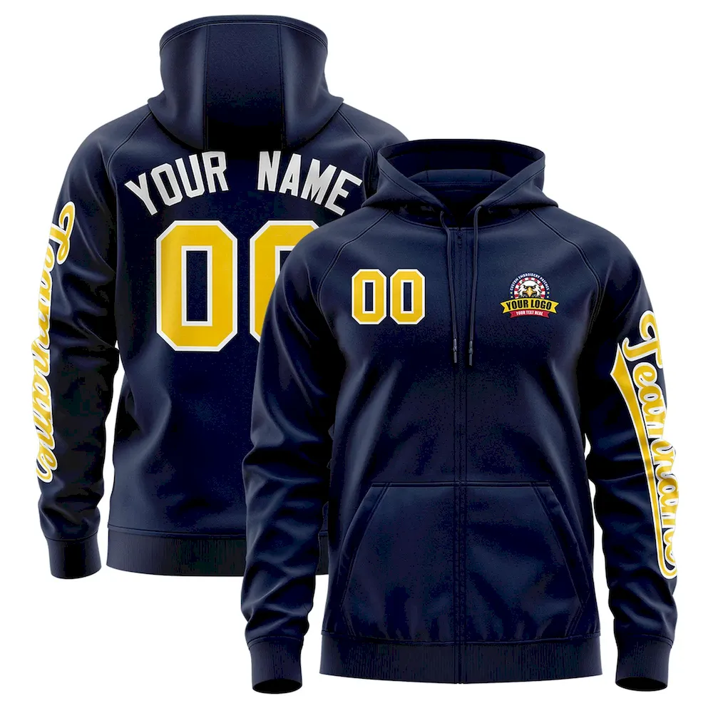 Custom Navy Gold Varsity Full-Zip Letterman Classic Jacket Hoodie