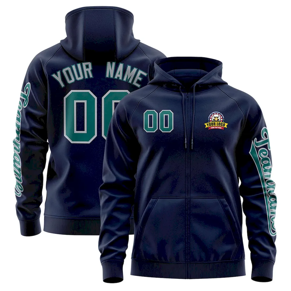 Custom Navy Aqua Varsity Full-Zip Letterman Classic Jacket Hoodie