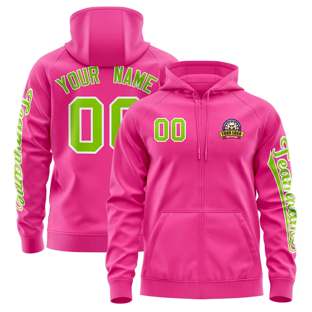 Custom Pink Neon Green Varsity Full-Zip Letterman Classic Jacket Hoodie