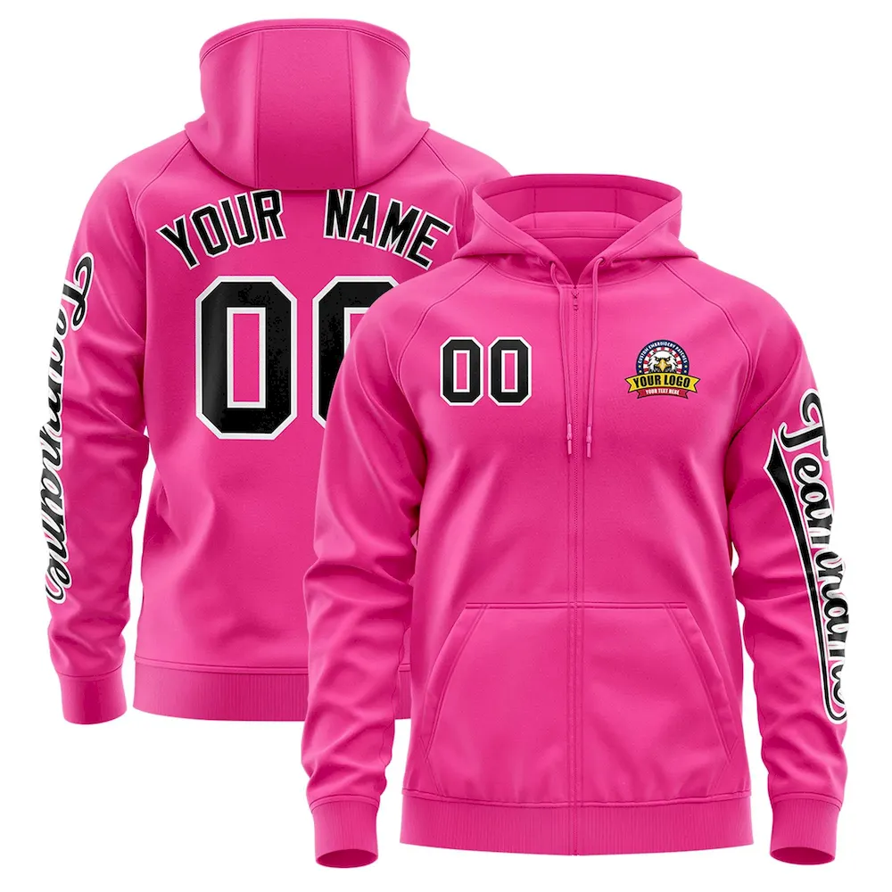 Custom Pink Black Varsity Full-Zip Letterman Classic Jacket Hoodie