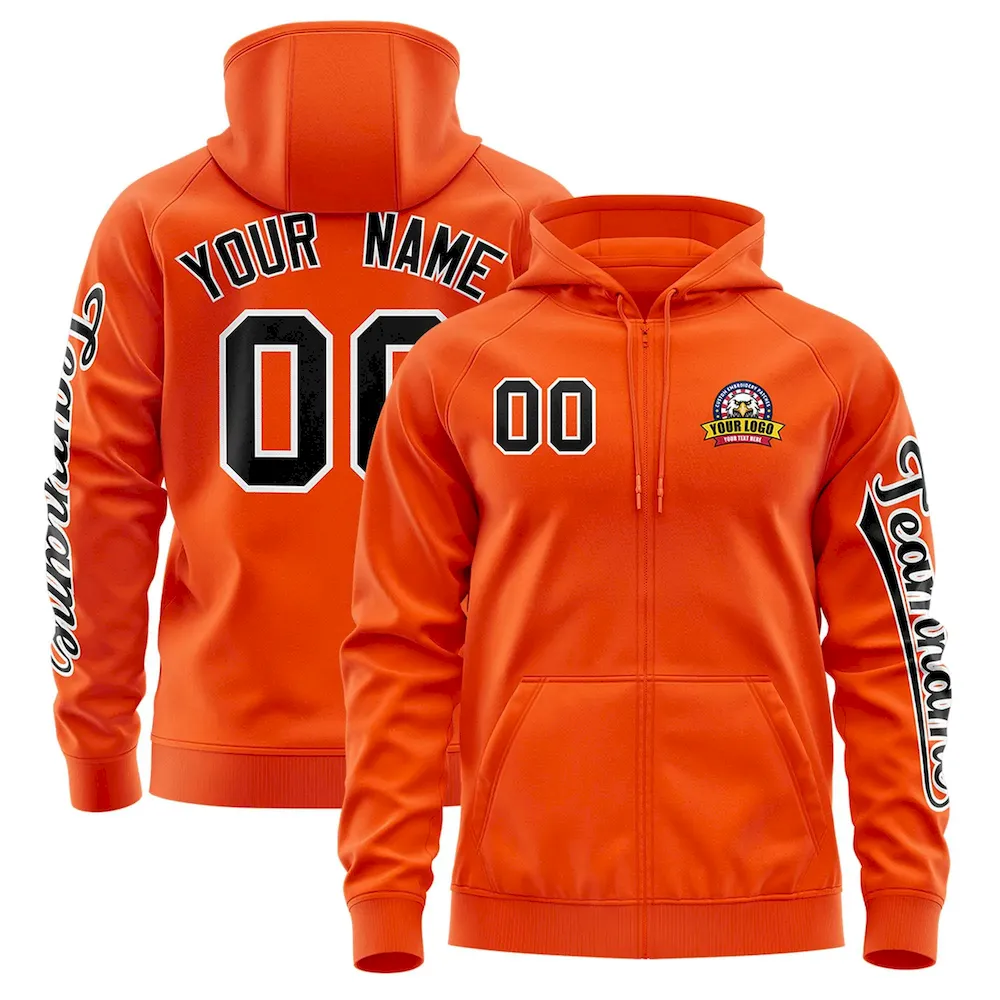 Custom Orange Black Varsity Full-Zip Letterman Classic Jacket Hoodie