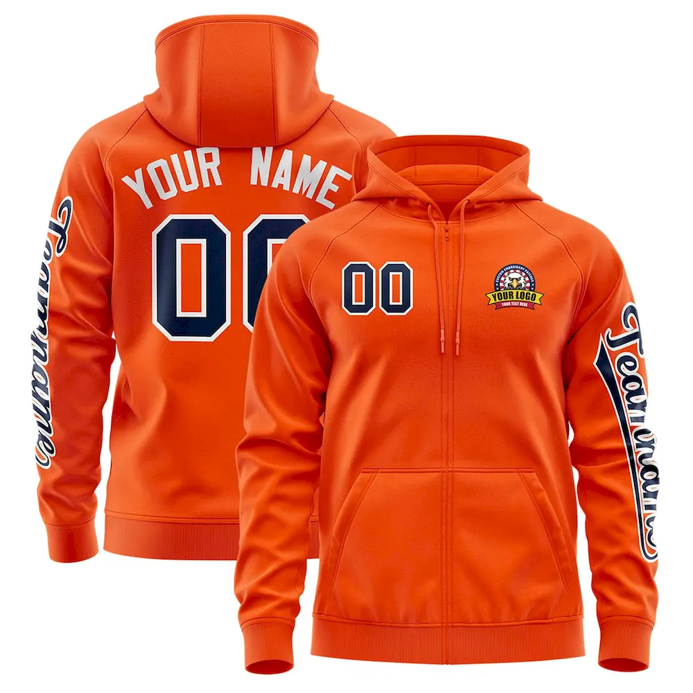 Custom Orange Navy Varsity Full-Zip Letterman Classic Jacket Hoodie