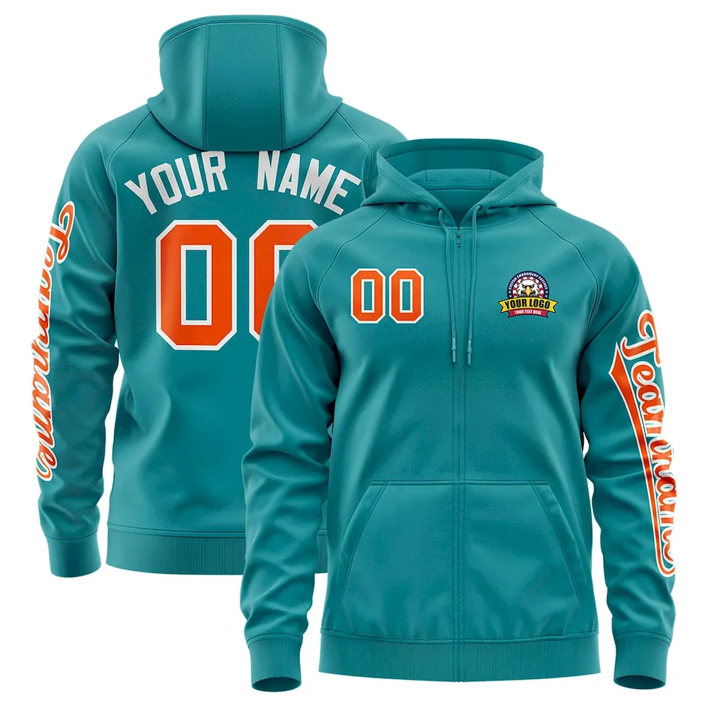 Custom Aqua Orange Varsity Full-Zip Letterman Classic Jacket Hoodie