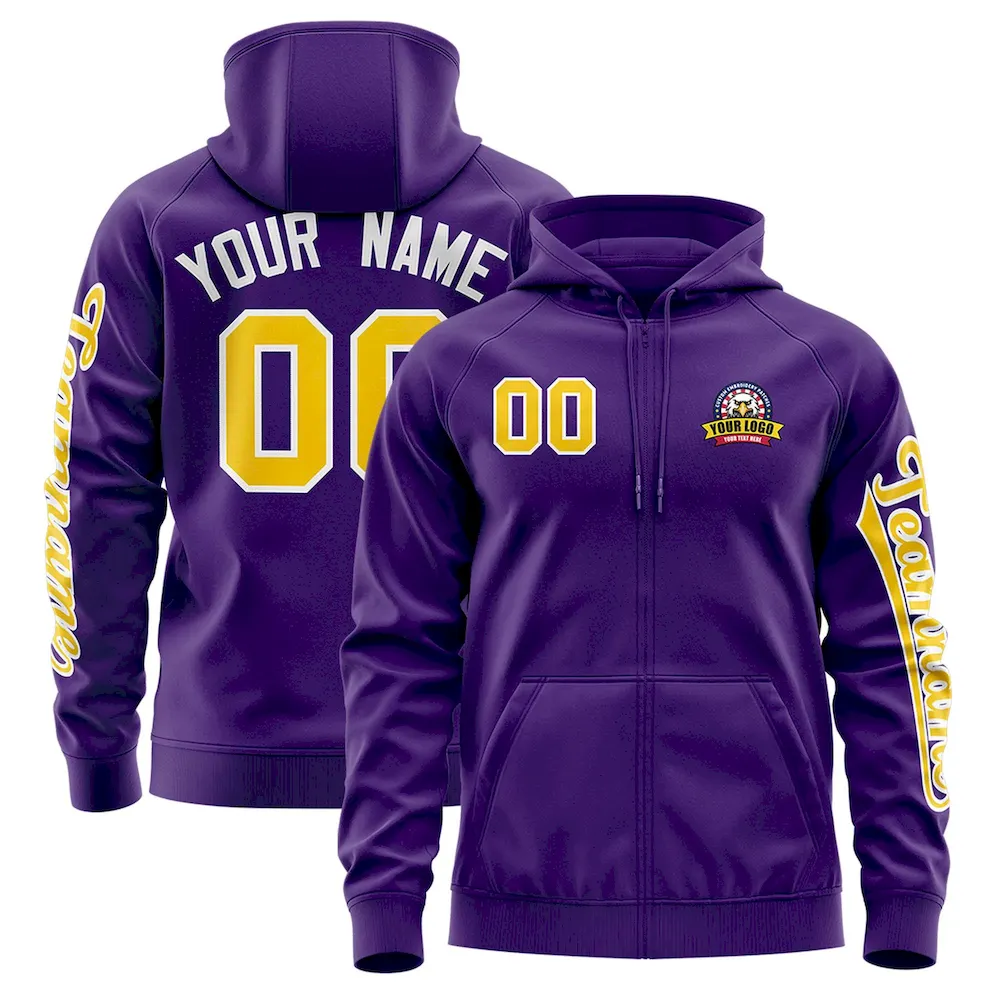 Custom Purple Gold Varsity Full-Zip Letterman Classic Jacket Hoodie