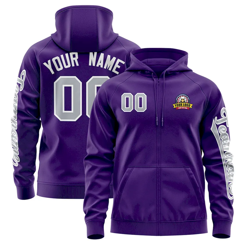 Custom Purple Gray Varsity Full-Zip Letterman Classic Jacket Hoodie