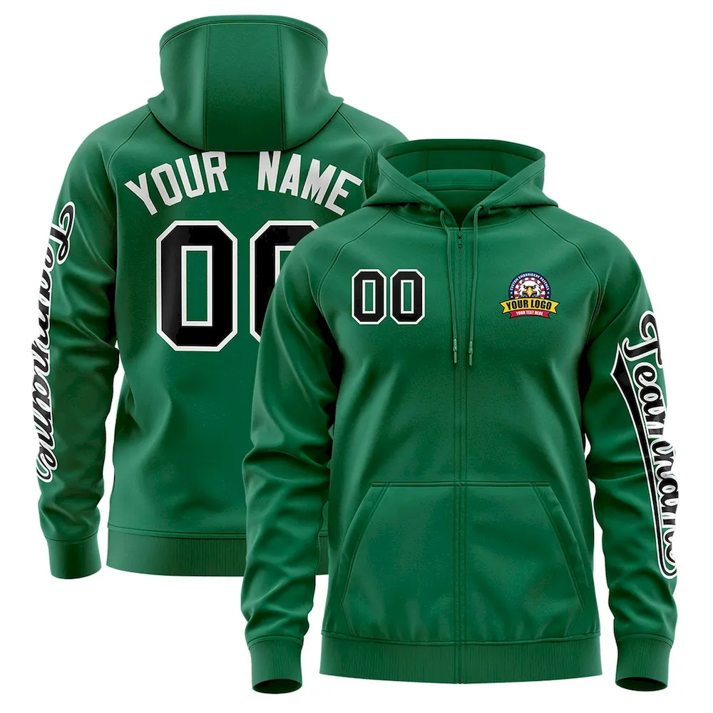 Custom Kelly Green Black Varsity Full-Zip Letterman Classic Jacket Hoodie