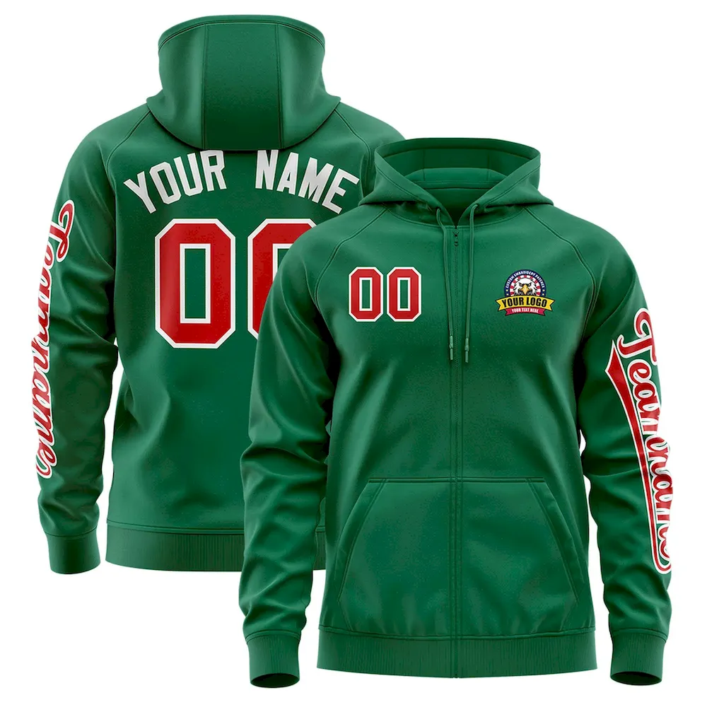 Custom Kelly Green Red Varsity Full-Zip Letterman Classic Jacket Hoodie
