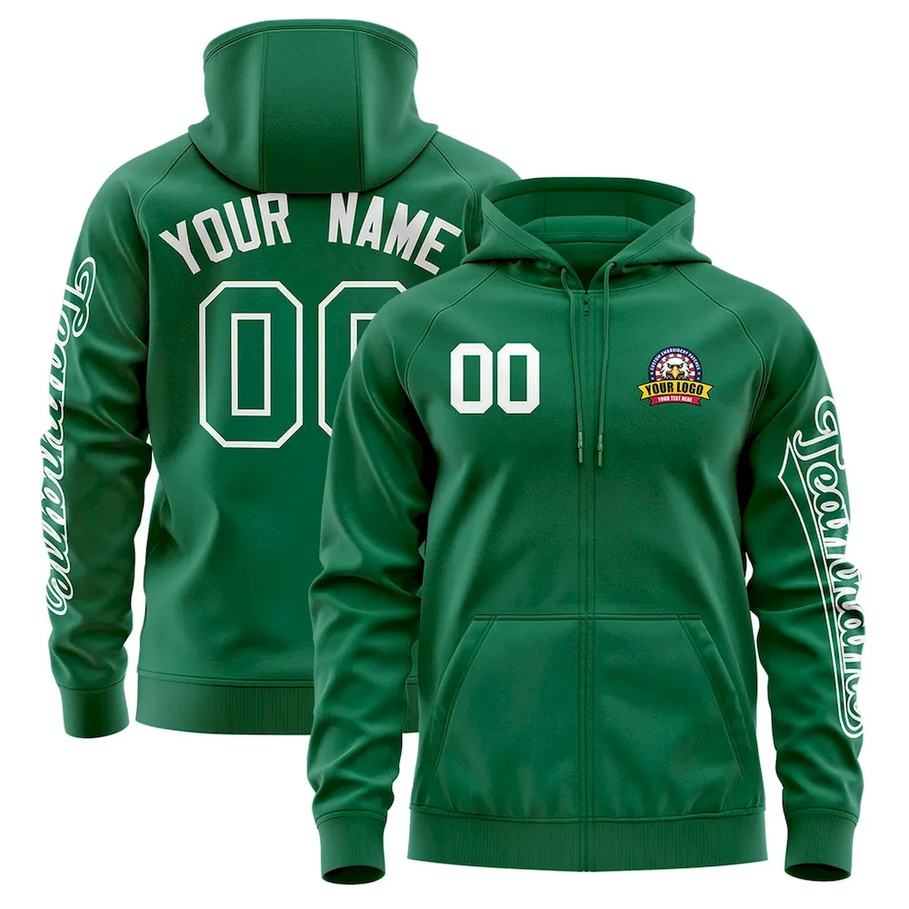 Custom Kelly Green White Varsity Full-Zip Letterman Classic Jacket Hoodie