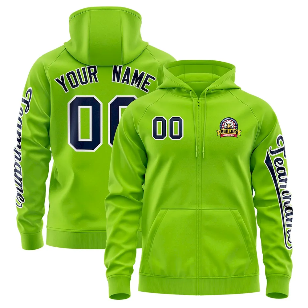 Custom Neon Green Navy Varsity Full-Zip Letterman Classic Jacket Hoodie