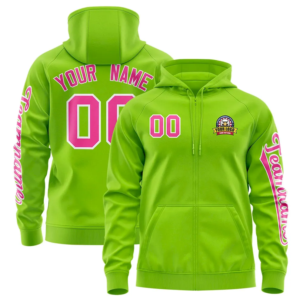 Custom Neon Green Pink Varsity Full-Zip Letterman Classic Jacket Hoodie