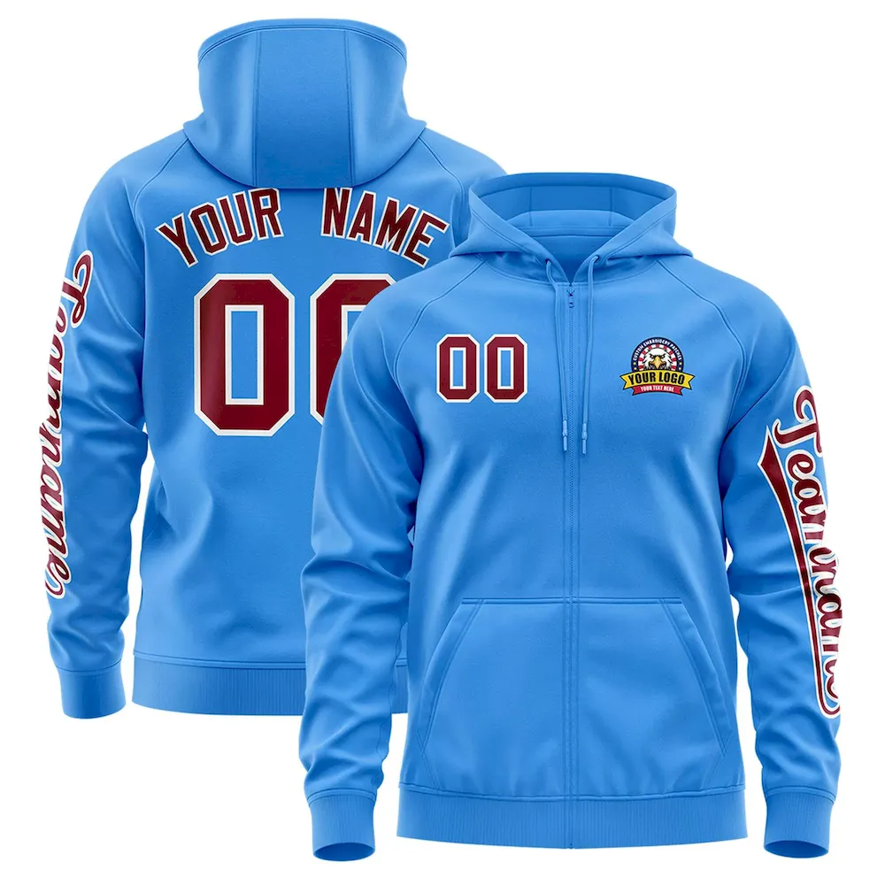 Custom Powder Blue Crimson Varsity Full-Zip Letterman Classic Jacket Hoodie